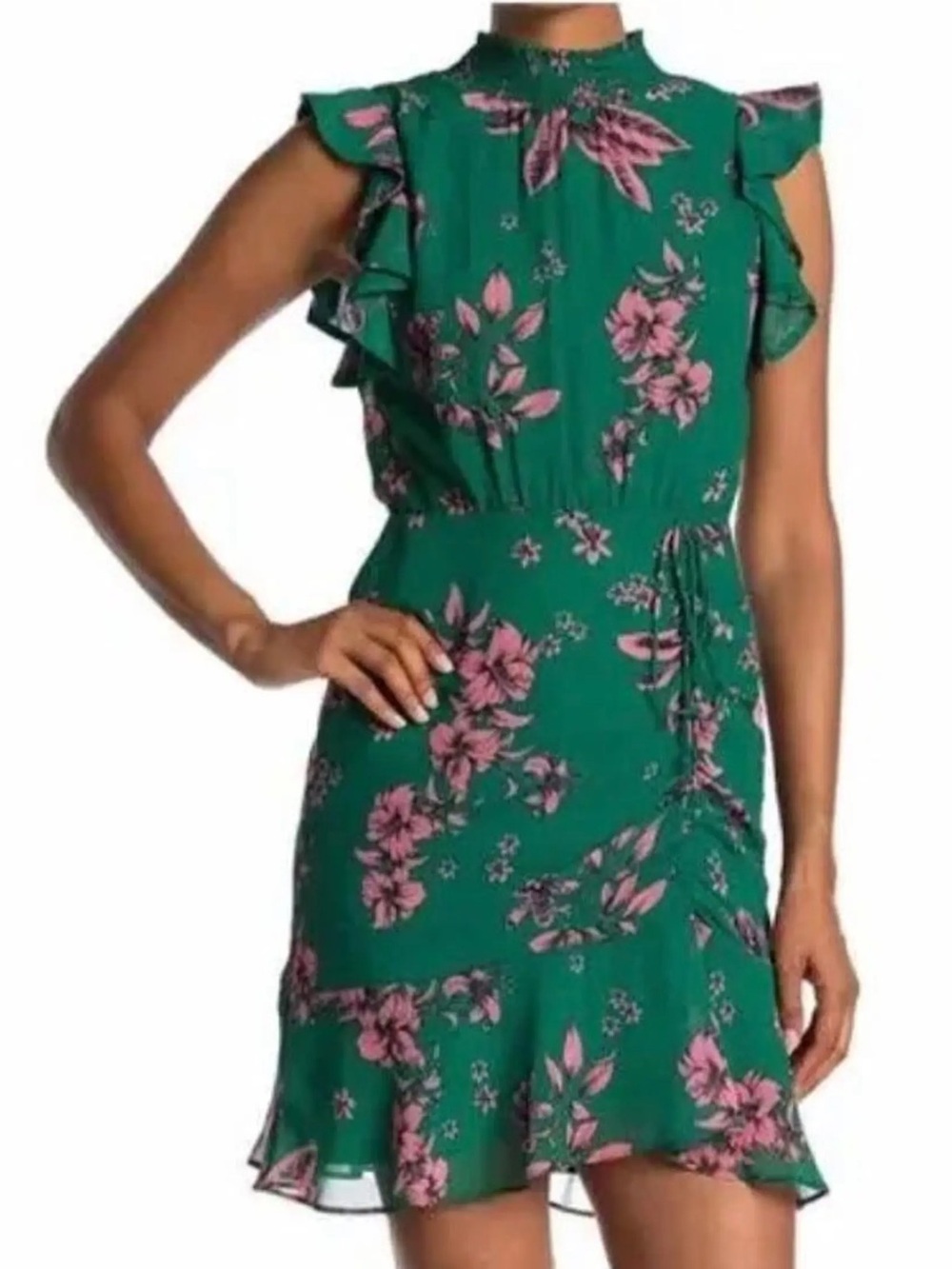 Sam Edelman Green & Pink Floral Ruffle Ruched Mock Neck Mini Dress 8